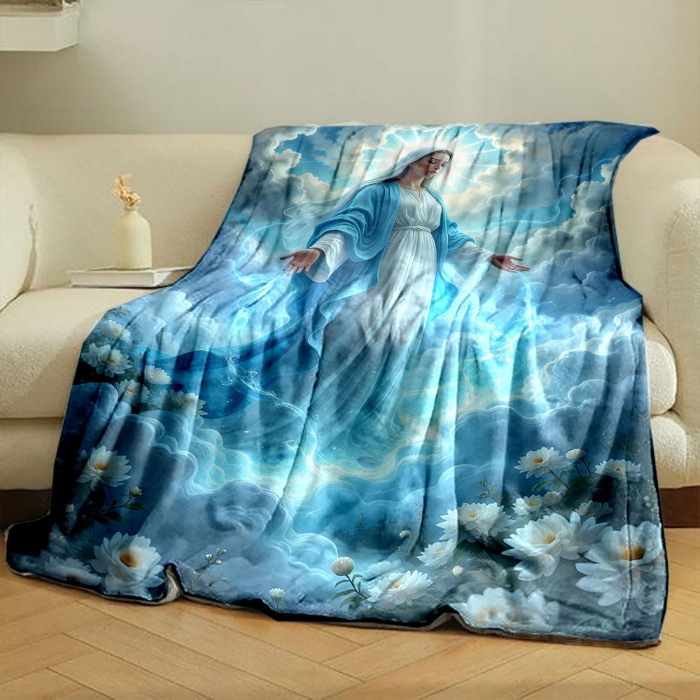 Virgin Mary Clouds White Flowers Blanket Printed Blanket for Living Room Bed Couch lunch break Soft Cozy Blanket for Friend's festival Gift