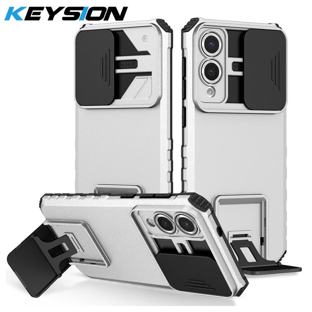 KEYSION Shockproof Armor Case for Samsung S25 Edge 5G Slide Camera Lens Protection Live Stand Phone Cover for Galaxy S25 Edge 5G