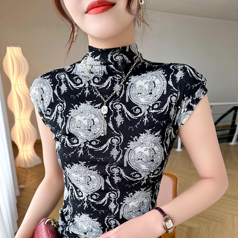 

Женская приталенная футболка с полувысоким воротником и принтом из ледяного шелка, 2025 L чёрный