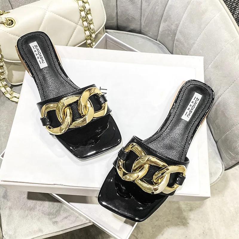 Καλοκαιρινά Γυναικεία Παπούτσια Μοντέρνα Παντόφλα Μεγάλη Μεταλλική Αλυσίδα Δερμάτινα Casual Γόβες Κοριτσίστικες Τακούνια Slides