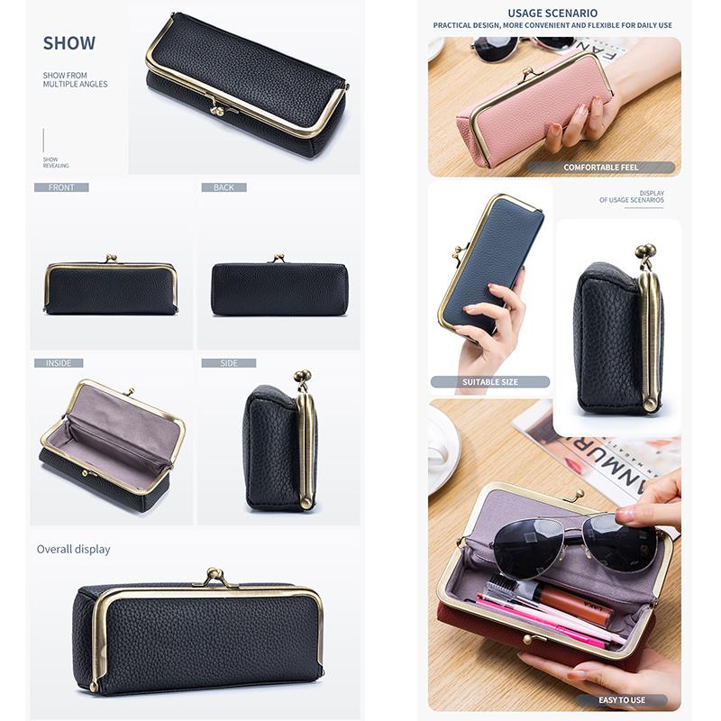 Genuine Leather Glasses Case Fashion Pencil Bag with Kiss Lock Brand Coin Purse Women Travel Sunglasses Box Eyebrow Pencil Box