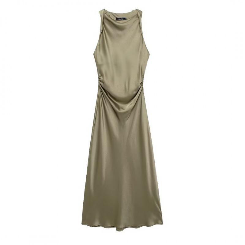 

European American Women s Clothing Fashionable Silk Satin Texture Midi Sleeveless Dress S