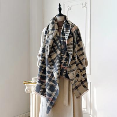Écharpe à franges en imitation cachemire, écharpe polyvalente à imprimé carreaux camélia, châle d'extérieur chaud épaissi à franges