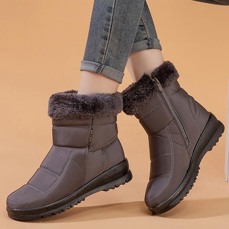 Mode Damenstiefel Schnee Fell Damenschuhe Reißverschluss Plateau Modeschuhe für Damen Stiefeletten Wasserdicht Flach Botas Mujer Winterschuhe