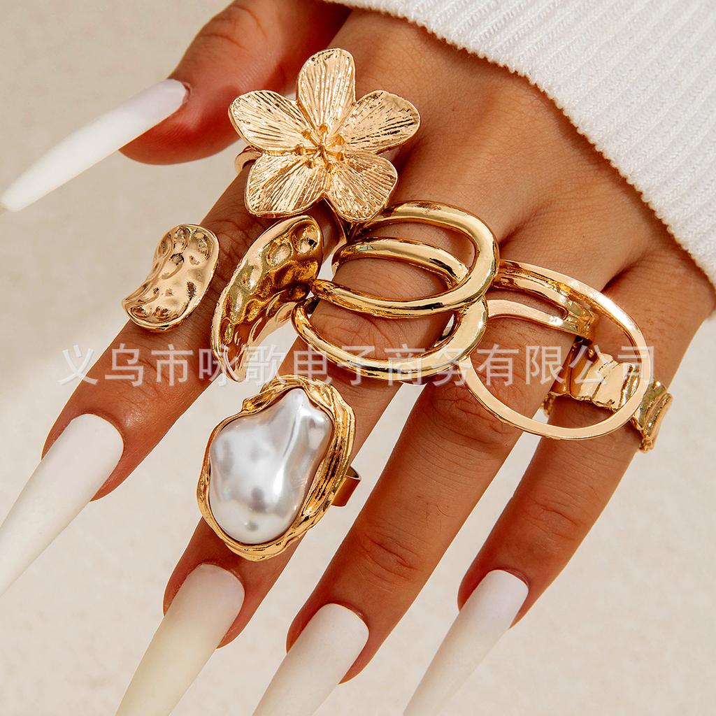 European and American design liquid lava flower opening ring ins baroque imitation pearl set gemstone ring