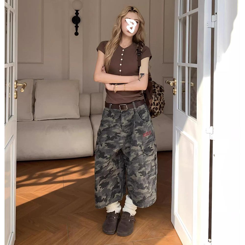 Women's 2025 Retro Camouflage Pocket Cargo Wide-Leg Cropped Jeans - Slimming, Floor-Length, Loose Summer Fit