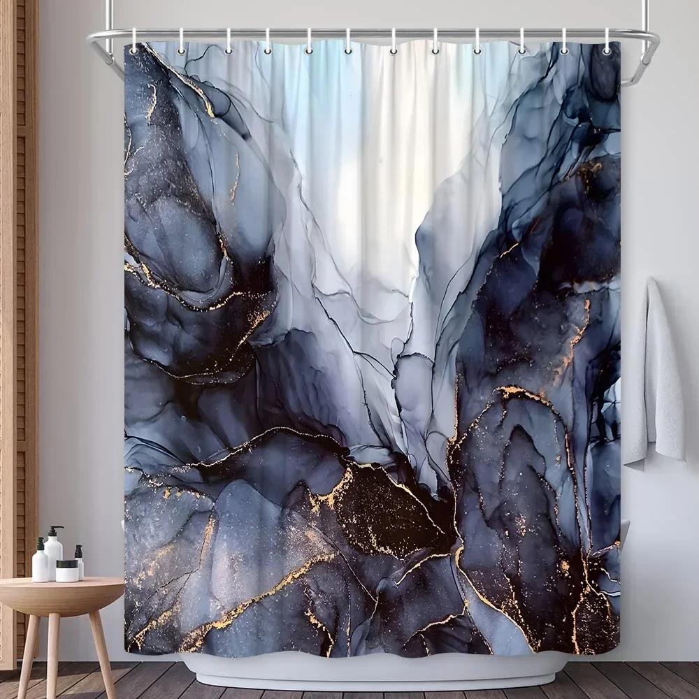 Abstract Navy Blue Gold Marble Shower Curtain Modern Luxury Golden Cracked Lines Fabric Bathroom Curtain Fashion Decor with Hook