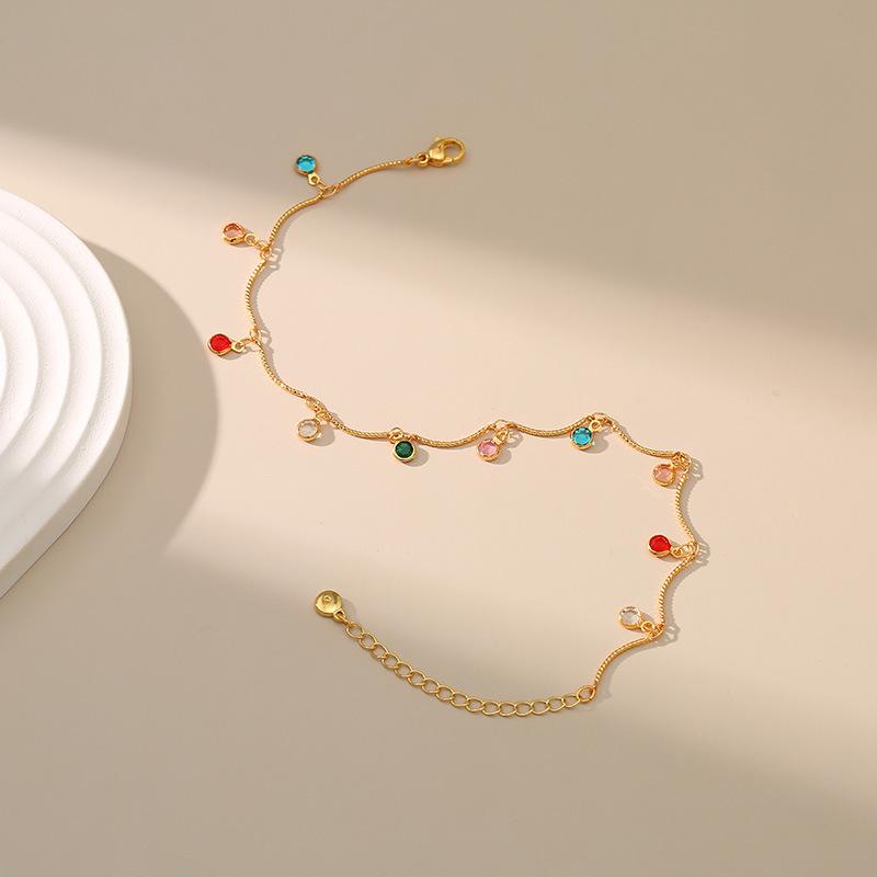 Gold Plated Multi-Color CZ Charm Anklet With Extension Chain