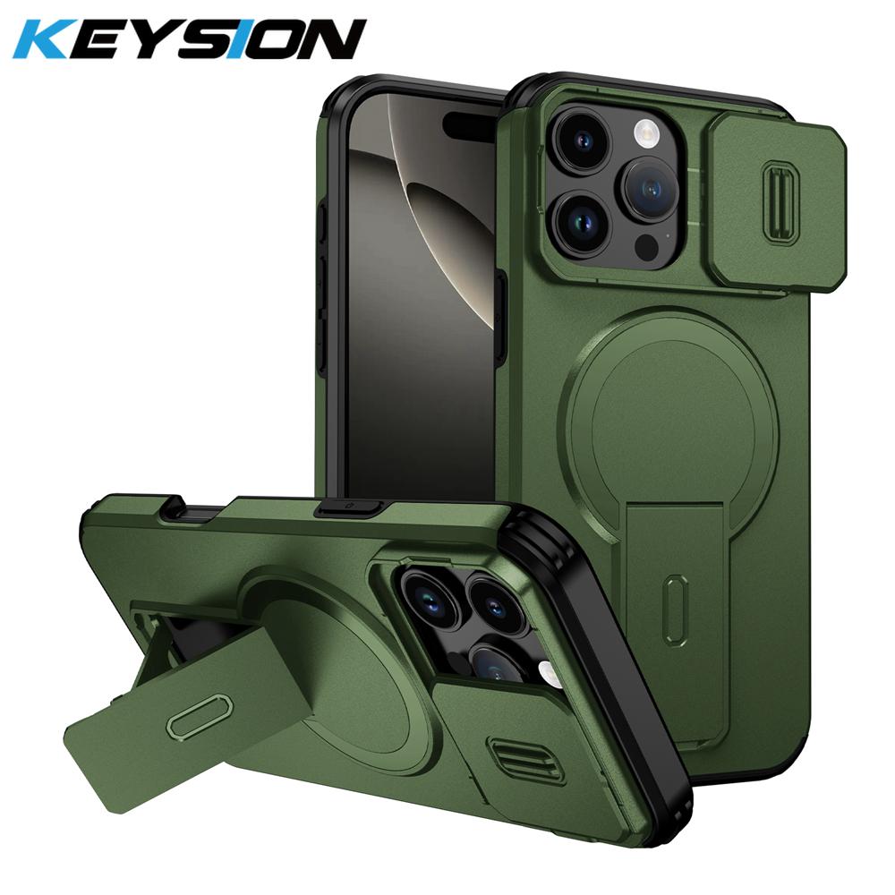 KEYSION Shockproof Magnetic Case for iPhone 16 Pro 16 Pro Max Slide Camera Protect Kickstand Wireless Charging Phone Back Cover