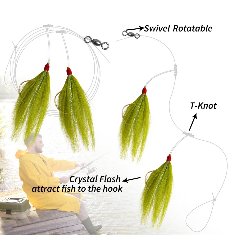 6Pcs Bucktail Teaser Fishing Lures Saltwater Rig Teaser Lure with 114cm/45in Leader Line Octopus Hooks and Barrel Swivel