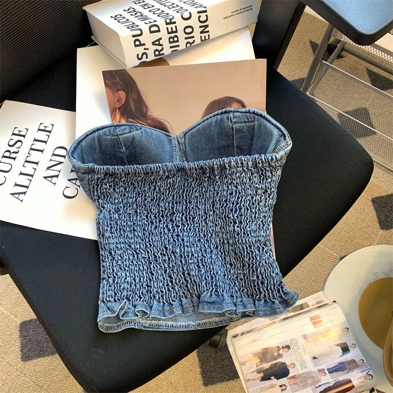 Hong Kong Retro Denim Strapless Vest for Women, Summer 2025: Sweet & Spicy Short Bandage Top with Padded Bust.