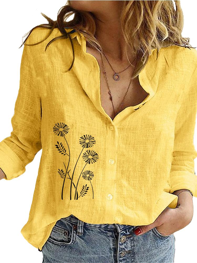 Women Fashion Floral Print Shirt Spring&summer Loose Top Ladies Casual Cotton Linen Blouse