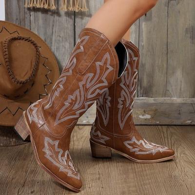 Fashion Embroidery Cowboy Boots for Women Knee High Med Calf Vintage Western Cowgirl Boots Women Heeled Casual Shoes Autumn Block Heel