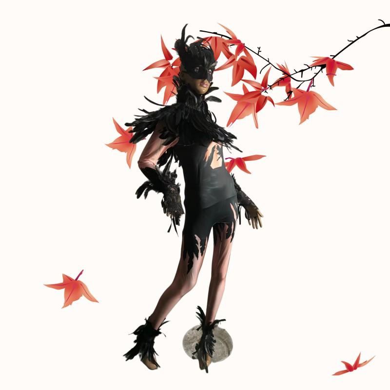 Halloween Skeleton Feather Jumpsuit Cosplay Set With Mask Gloves Wings Party