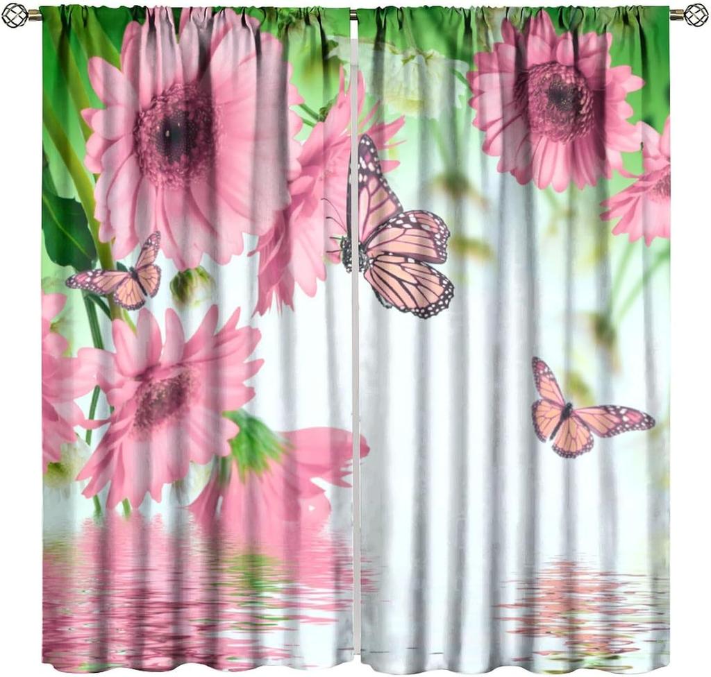 Blue Flower Butterfly Curtains Girls Boy Home Decor Spring Plant Daisy Floral Pattern Drapes Window Curtain With Rod Pocket Polyester