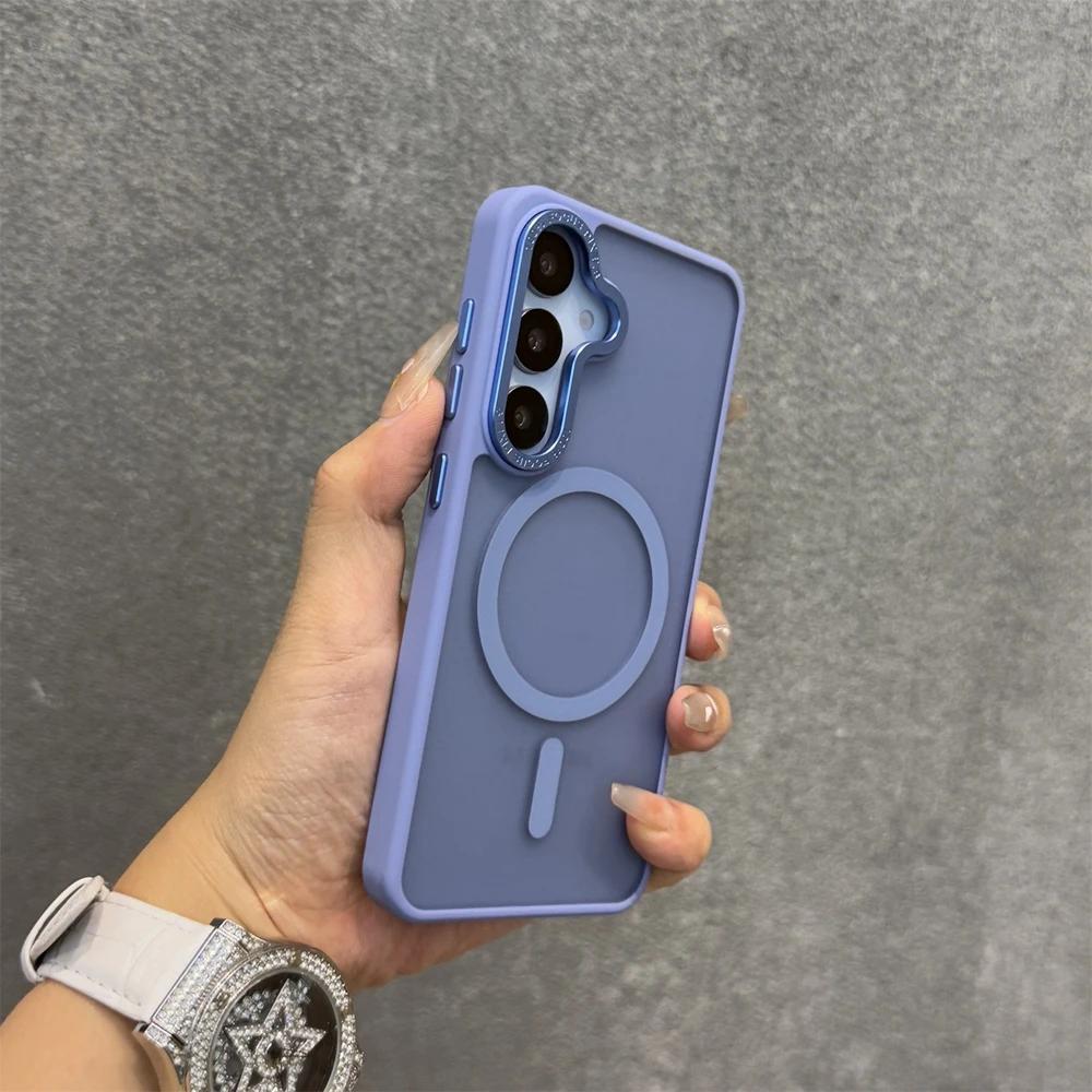 

Business Metal Lens for Magsafe Case for Samsung Galaxy S23 Ultra S24 FE S25 Plus Matte Wrist Strap Wireless Charging Cover Galaxy S23+
