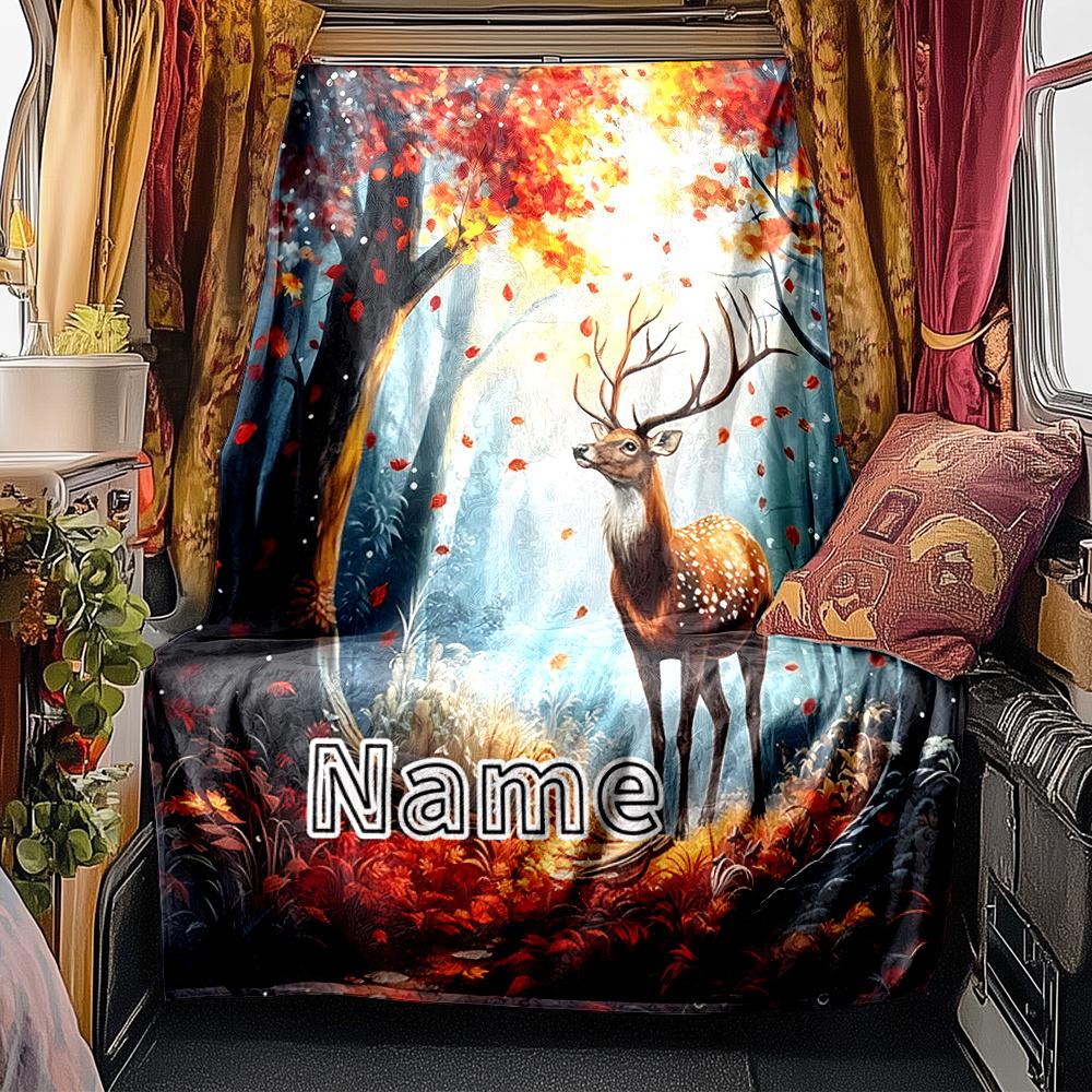 Autumn Forest Deer In Falling Leaves Landscape Blanketcustomizable With Your Namecomfortable And Stylish Perfect For Travel Beds Chairs Offices Sofas