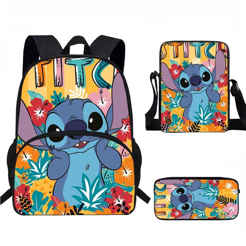 Stitch Kids School Backpack Set Elementary Students Oxford Fabric Ergonomic Design Printed Cartoon 3-Piece Bundle
