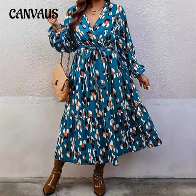 Plus Size Women's  Dress Floral V-neck Waisted Temperament Long Sleeve Dresses