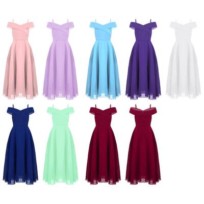 Kids Off Shoulder Chiffon Gown Adjustable Strap Floor Length Dress for Special Occasions
