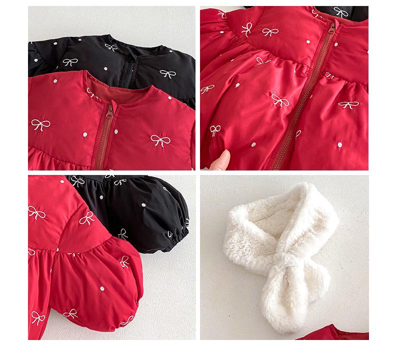 2025 New Girls' Korean-Style Winter Coat with Bow and Scarf - Cute Cotton Padded Outfit for Babies