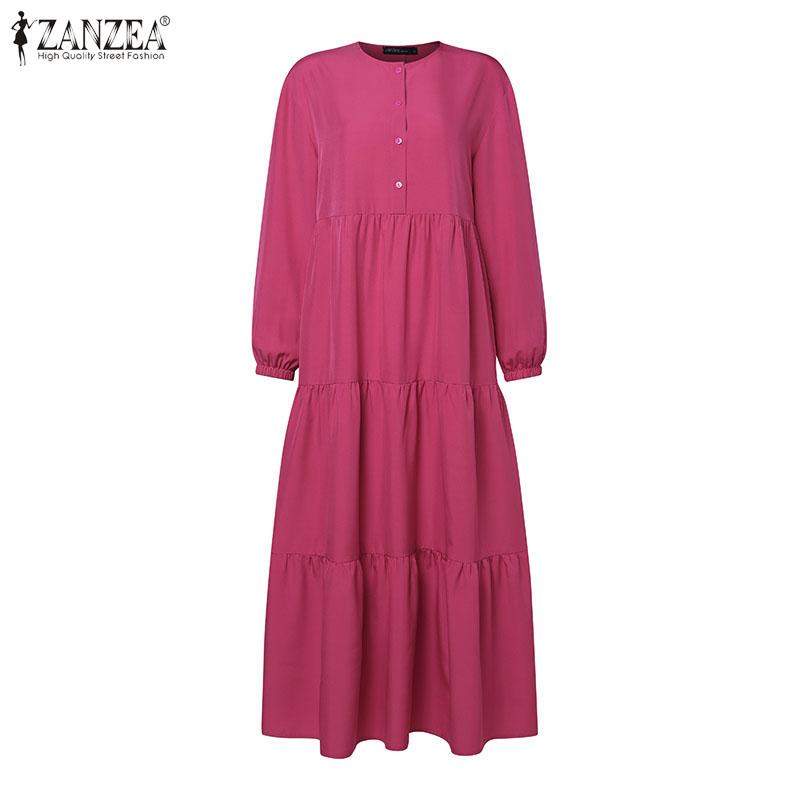 ZANZEA Dámské ležérní šaty s devítičtvrtečními rukávy s výstřihem do O, volné retro dlouhé šaty