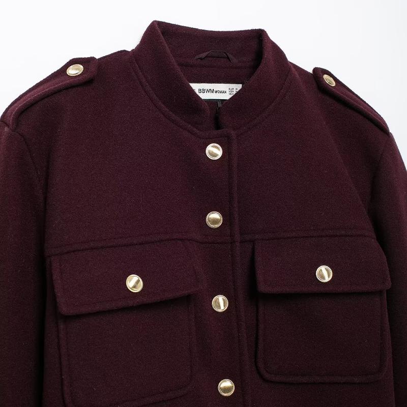 Moda Damska Z Kieszeniami Bordowy Jednorzędowe Kurtki Vintage Okrągły Dekolt Długi Rękaw Damskie Szykowne Stroje