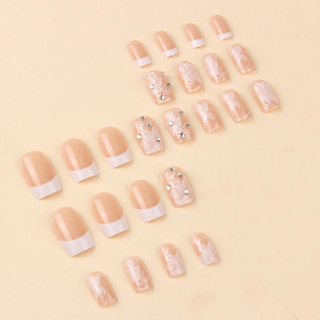 24-Piece Minimalist White French Flower Glitter Press-On Nails with 3D Rhinestones