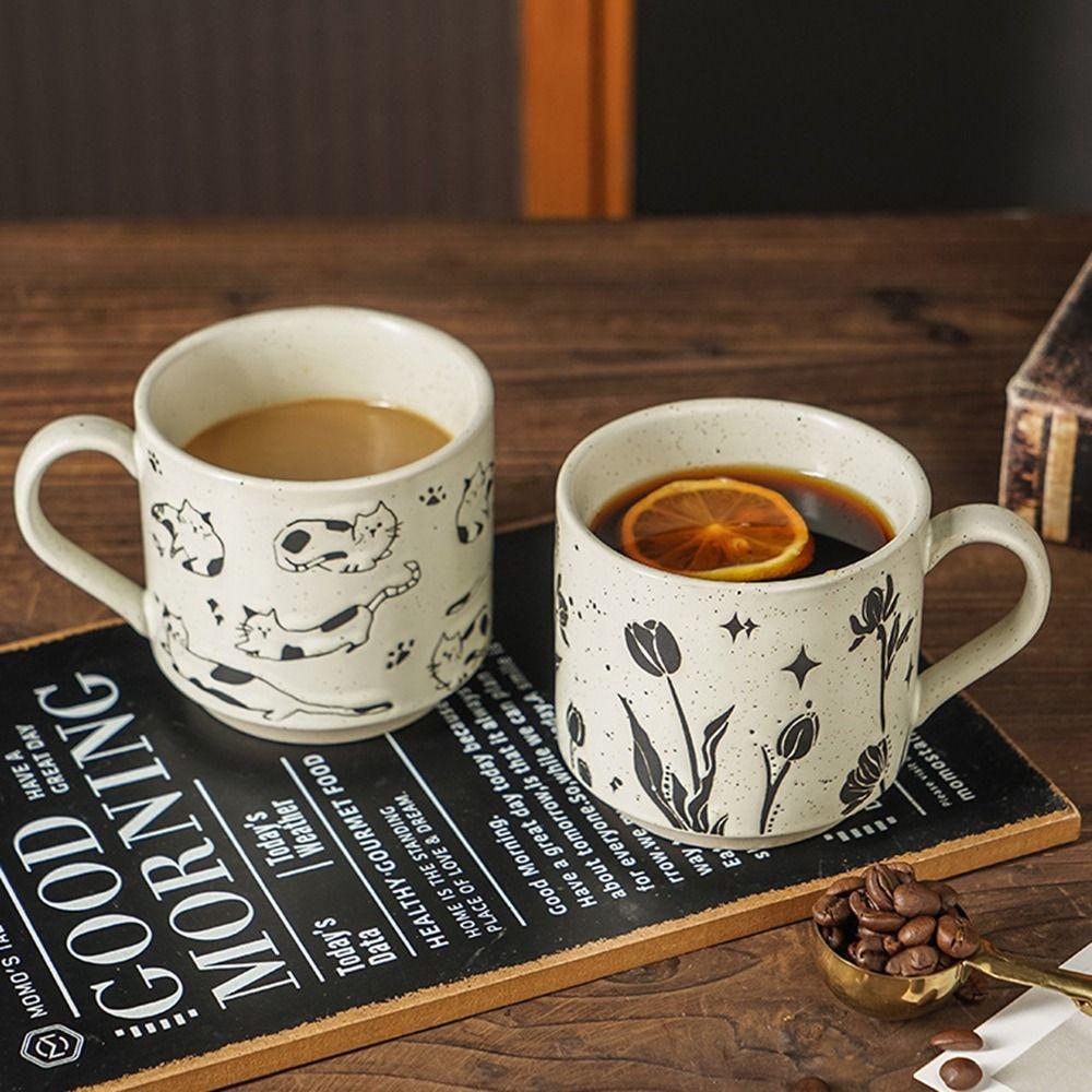 Hand-painted Retro Tea Cup Expression/Flower/Kitten Pattern Milk Drinking Cup Breakfast Cup