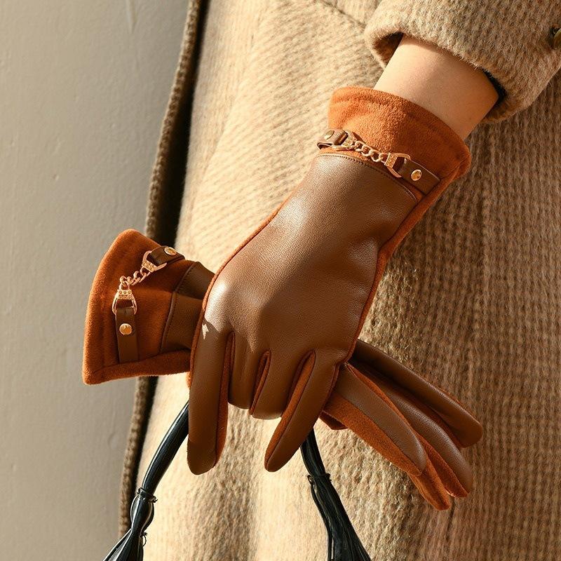 

Winter Fashion Fleece Lined Protein Leather Women S Keep Warm Gloves Korean Style Cycling Windproof Elegant Five Finger Gloves One Size