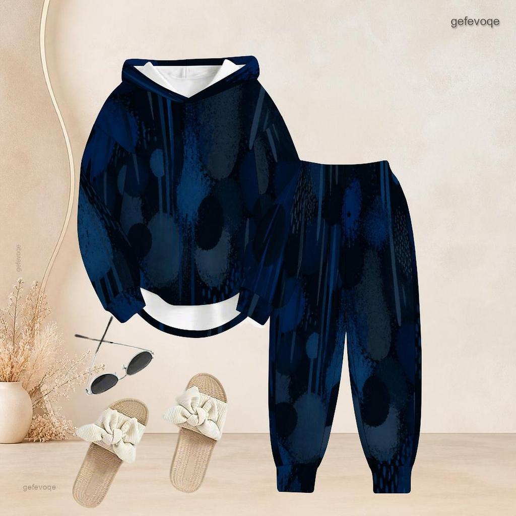 Women Plus Size Two Piece Set Hooded Long Sleeve Printed Navy Blue Top And Cuffed Pants