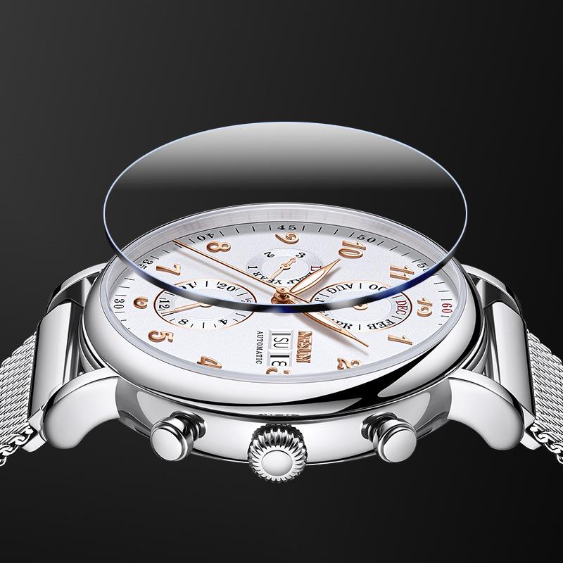 NESUN Herren Automatische Mechanische Uhr, Multifunktionale Wasserdichte Leder-Stahl Armbanduhr 9029