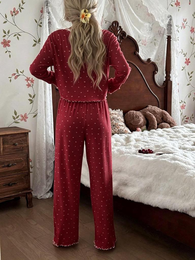 Women's European & American Lace Cardigan Pajama Set, Long-Sleeved Top & Pants, Autumn/Winter Style
