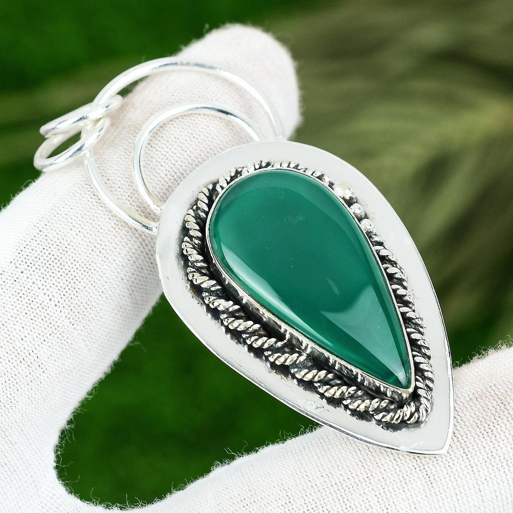 Sisters Day Deal Sterling Silver Pear Green Onyx Gemstone Bezel Handmade Pendant