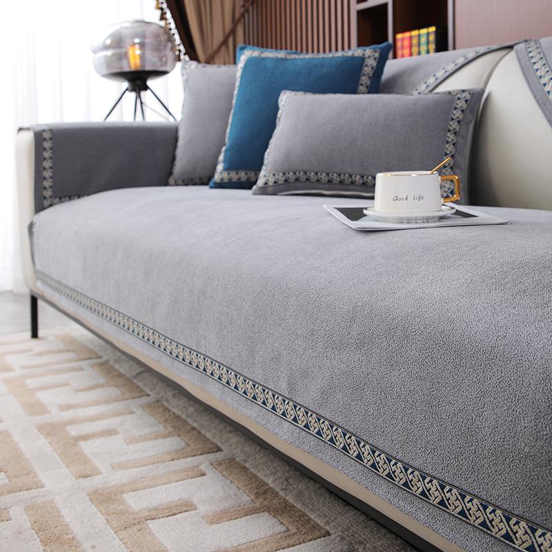 Light Luxury High-Grade Sofa Seat Cushion Four Seasons Universal Towel Cotton Fabrics Linen Cover Solid Color Full Covered Cover Summer Non-Slip