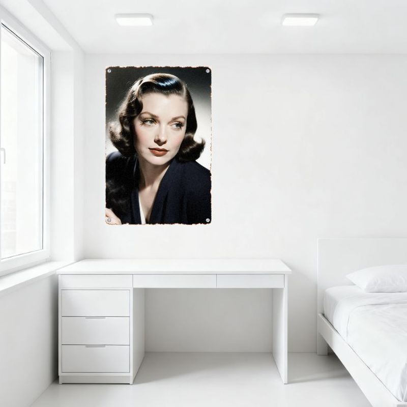 Vintage Ornate Border Dark Brown Hair Woman Metal Tin Sign Soft Curls Dark Blue Blazer White Top Home Decor Art for Cafe Bar Man