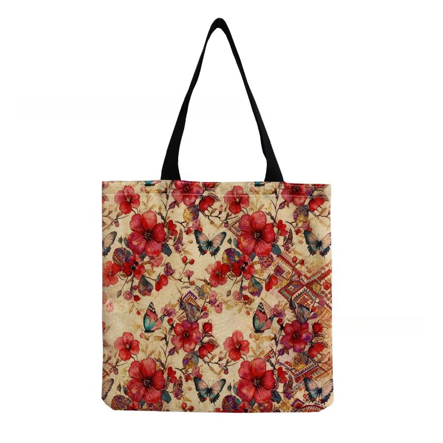 Damen Vintage Leinen-Tragetasche - Große Kapazität Blumenmuster Schulter-Handtasche für Freizeit & Lebensmitteleinkauf KTB