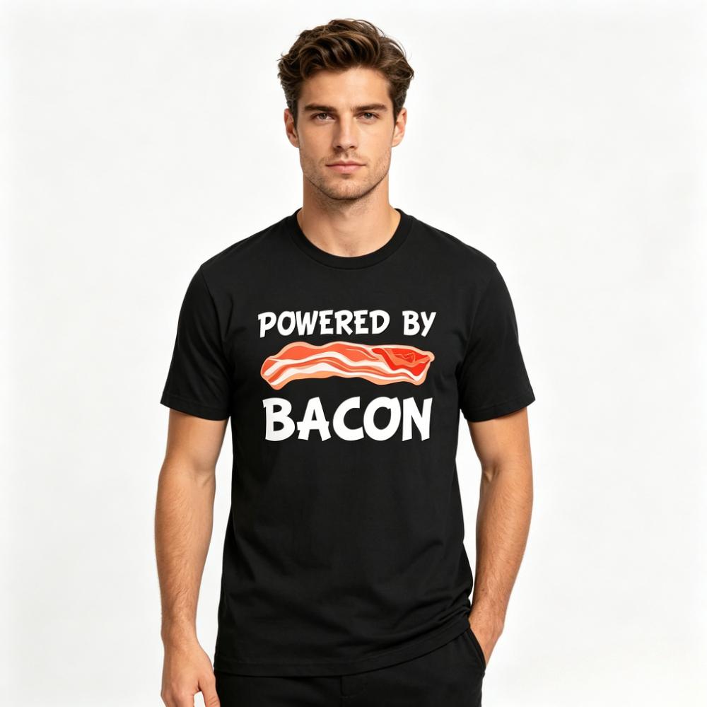 Funny Powered By Bacon Bacon Lovers TShirt Powered By Bacon Men Shirt Summer Food Lovers Gift Cotton Tshirt Men Clothing