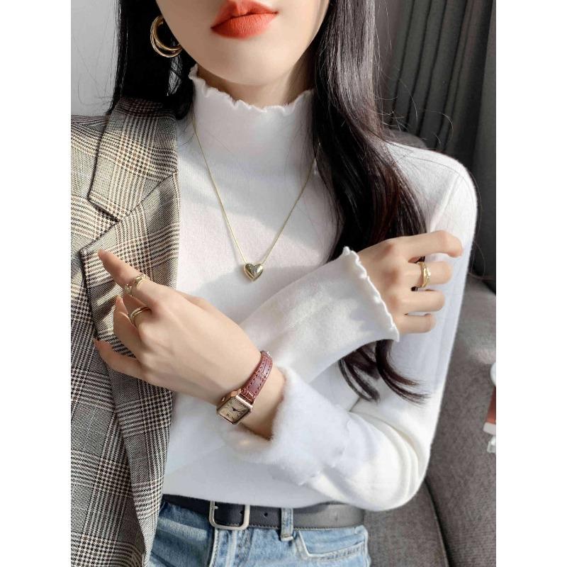 Semi-turtleneck thickened integrated fleece warm sweater women's winter design sense fungus edge inner top knitted bottoming shirt