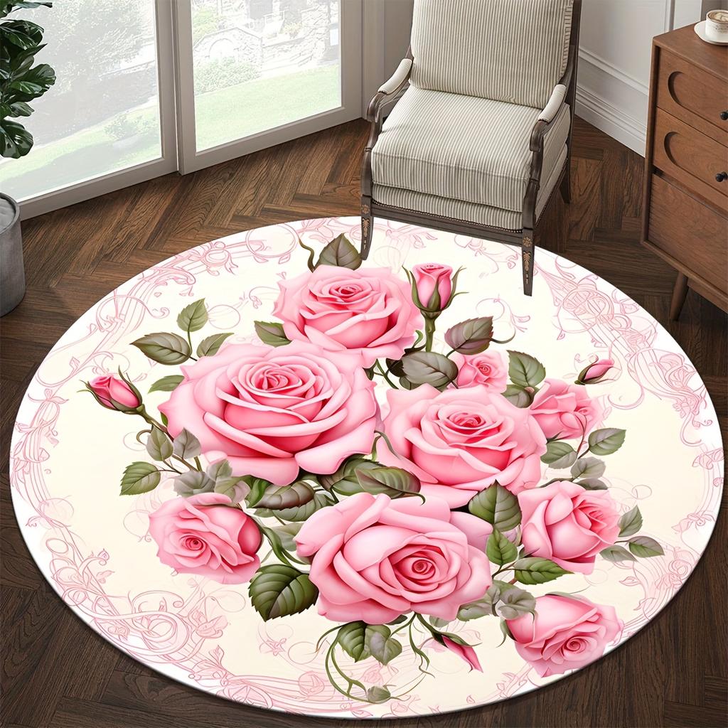 Modern Botanical Flower Round Carpet Soft Non-Slip Decorative Doormat Machine Washable Floor Rug for Kitchen Bathroom Office