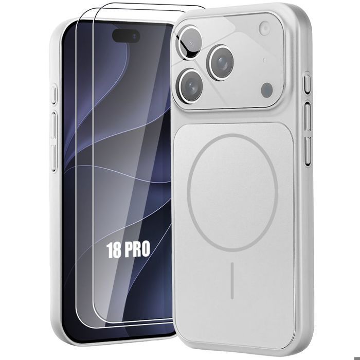 Coque + 2 Verres Trempés pour iPhone 18 Pro, avec Protection Caméra et Cercle Magnétique - Argenté