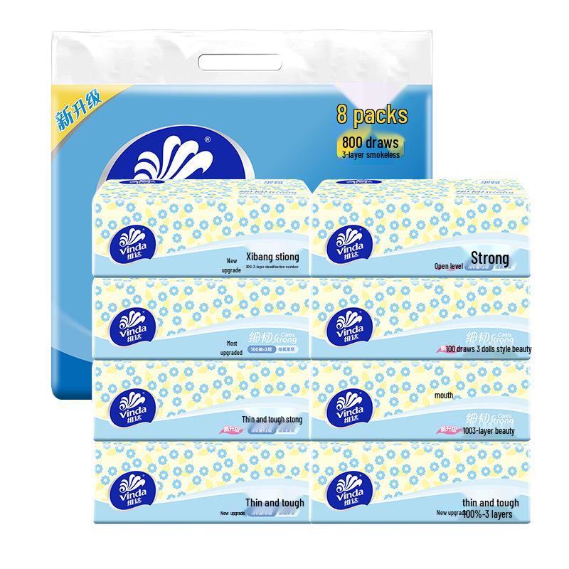 Mouchoirs Faciaux Vinda 3 Plis - 8 Paquets, 100 Essuie-tout Chacun, Abordables pour un Usage Domestique