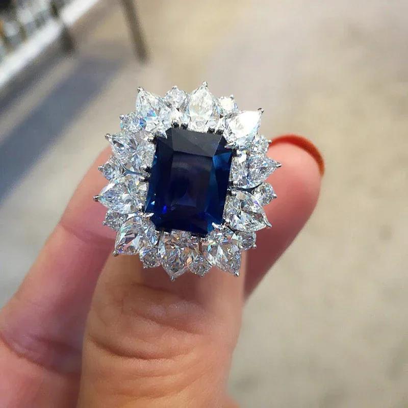 

Blue and white flower zircon personalized luxurious and simple Zircon, women s geometric trendy inlaid shiny ring 6