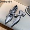 Designerskie buty Vintage Silvery Pointed Toe damskie Mary Jane Fashion Płytkie, swobodne, niskie obcasy