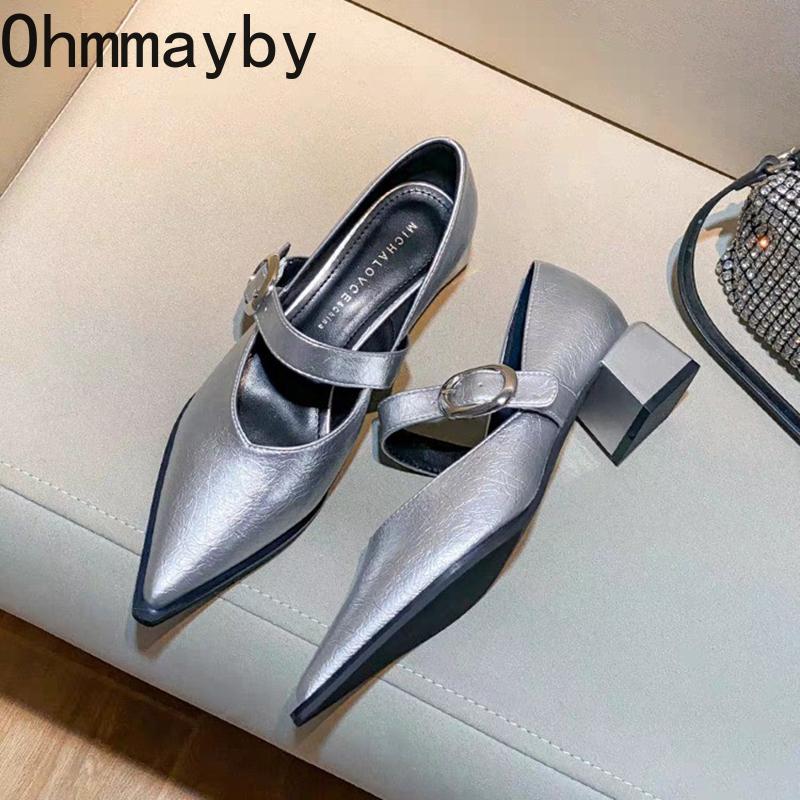 Designerskie buty Vintage Silvery Pointed Toe damskie Mary Jane Fashion Płytkie, swobodne, niskie obcasy