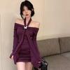 Autumn Winter One-Shoulder Purple Long-Sleeved Halter Dress: Trendy, Sexy, Hip-Hugging Fashion for Socialites.