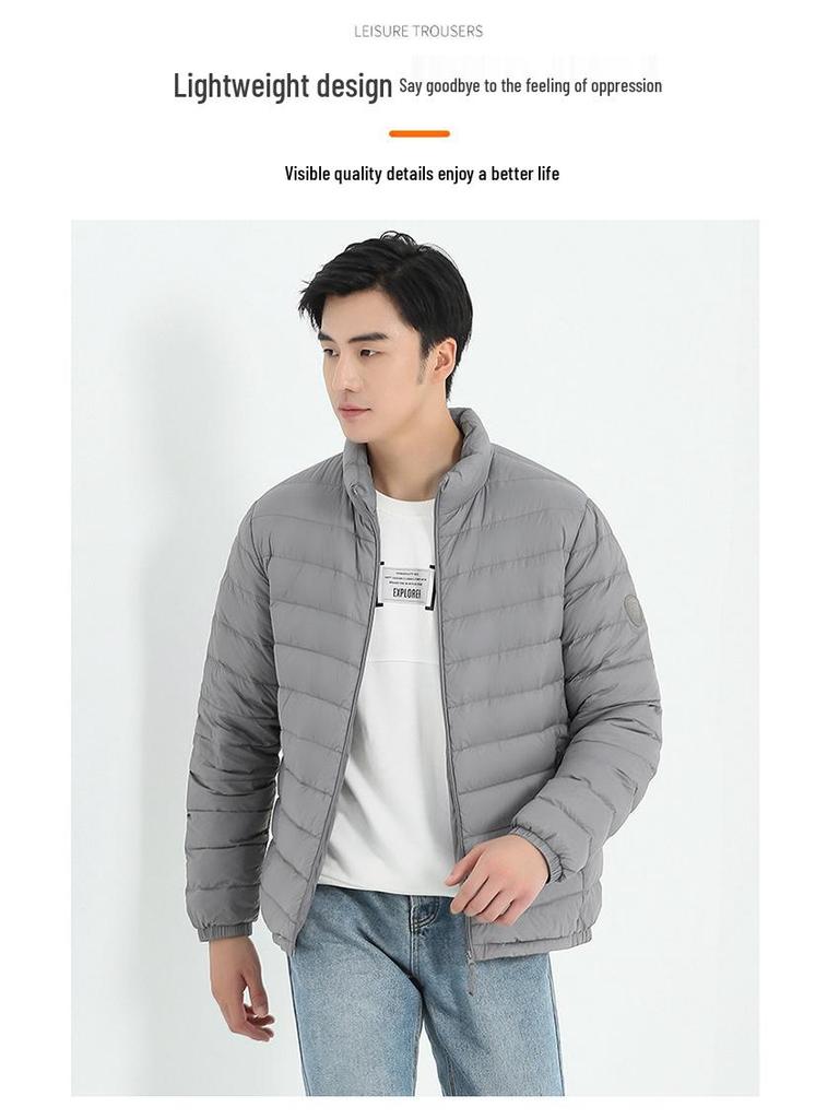 Men's Lightweight Stand Collar Down Jacket - Warm Short Ribbed Style for Autumn/Winter.