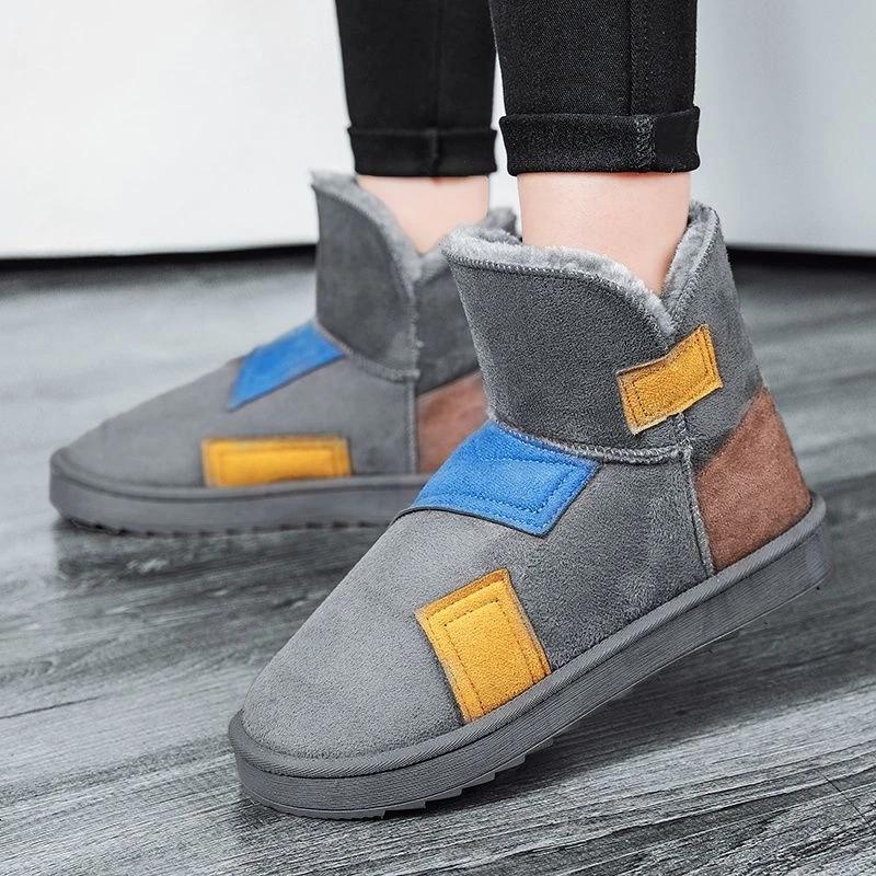 Winter 2026 Men's Color Block Snow Boots Fleece Lined Warm Anti Cold Couples Shearling Integrated Thick Sole Casual Korean Style