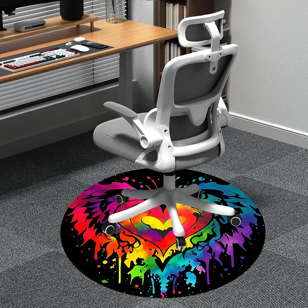 1PC Heart Rainbow Office Round Area Rug, Mat Suitable ForOffice, Under Office Chairs Bedroom Living Room Home Decor, Room Deco