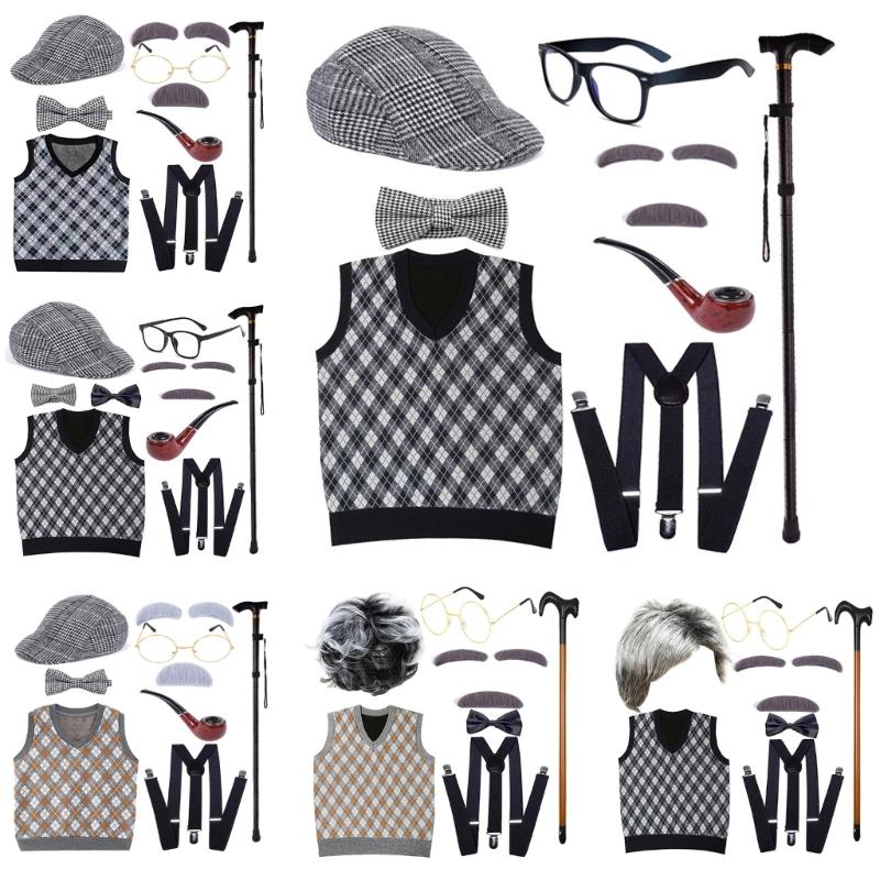 100 Days Of School Halloween Grandpa Costume Set Old Man Costume Set Hat Glasses Mustache and Eyebrows for Kids Boys